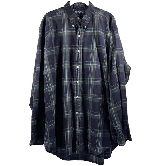 Ralph Lauren Men's Shirt XL Gray Blue Green Pony Plaid Long Sleeve Blake Button - Picture 1 of 8